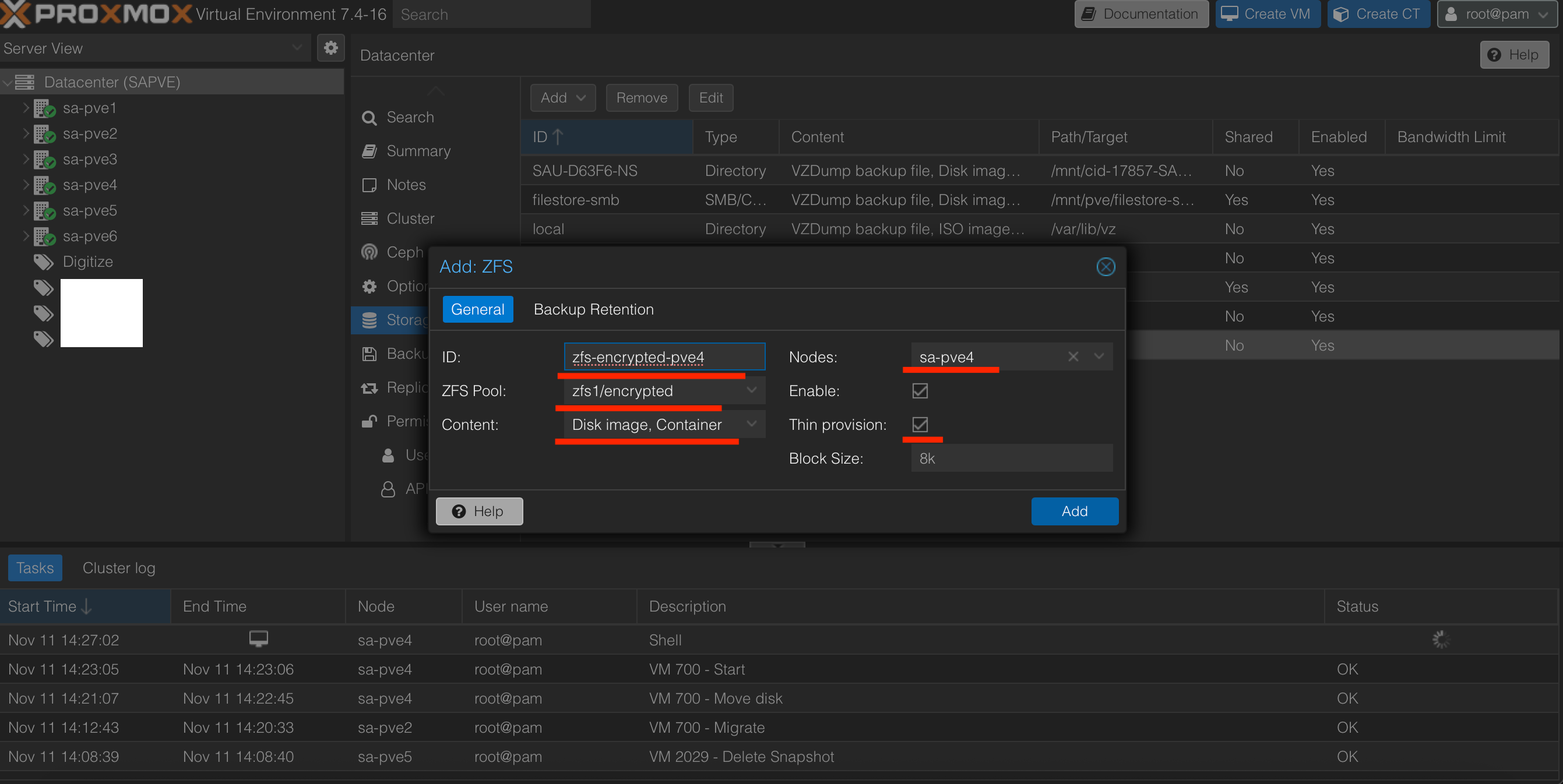 Add ZFS Pool in Datacenter storage