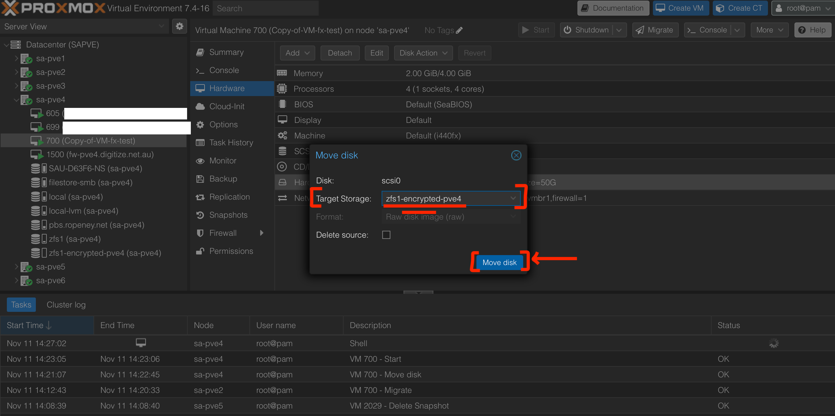 Move PVE Disk Storage to encrypted volume confirmation