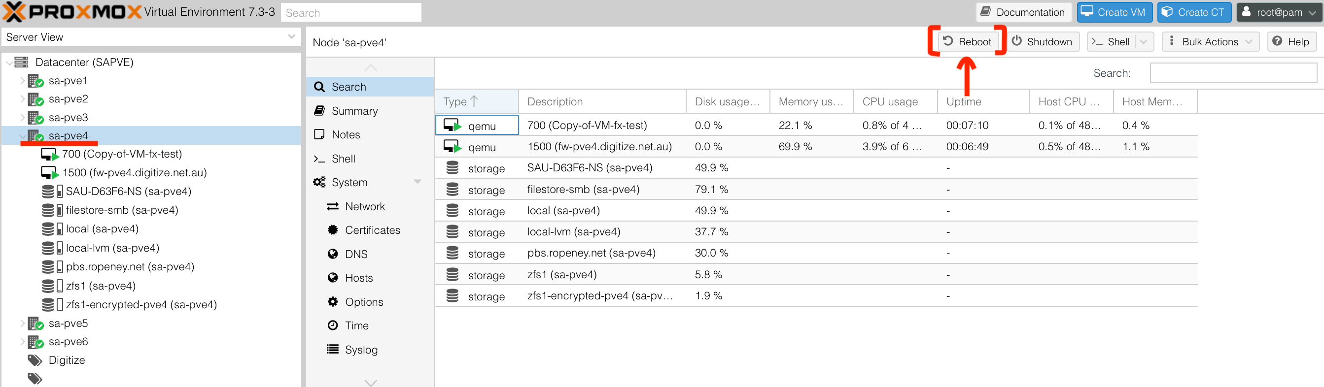 Reboot the Proxmox node