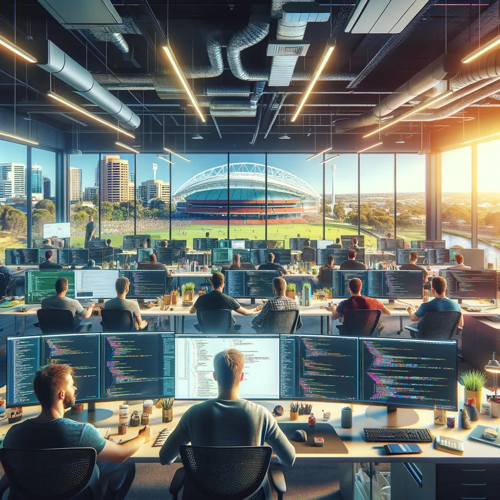 A team of programmers all working while looking out a large wall sized window over the Adelaide Oval