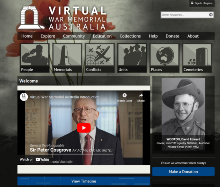 A screenshot of the Virtual War Memorial website