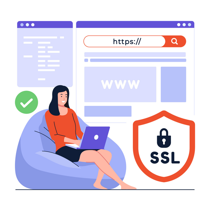 A person sitting on a couch exploring websites highlighting the HTTPS and SSL words