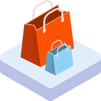 An isometric logo with shopping bags on a block