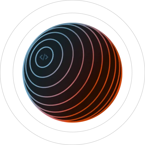 An image of a sphere with winding circles and a code symbol in the centre