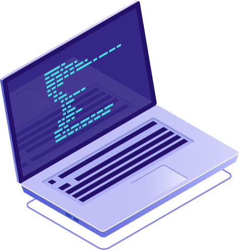 An isometric art of a laptop displaying lines of code with glowing rectangular outline at the base.