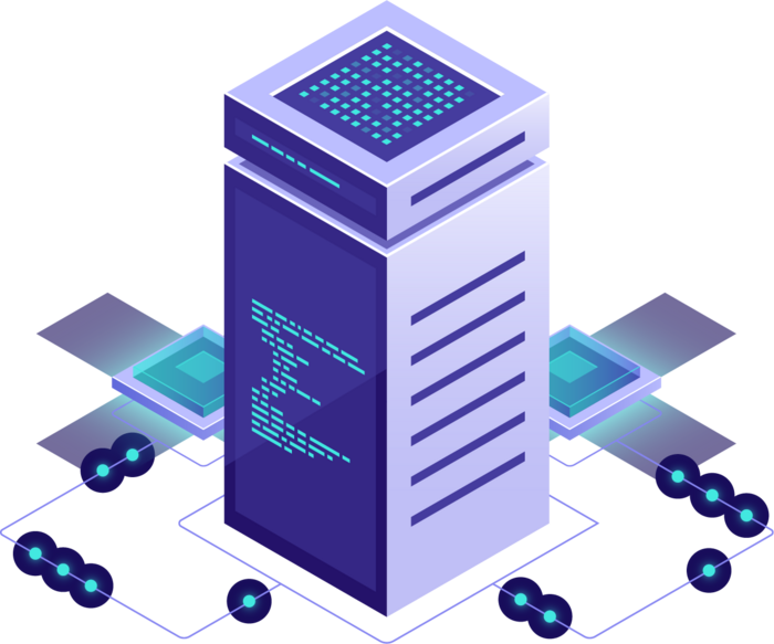 Isometric illustration of a central server connected to two smaller servers.