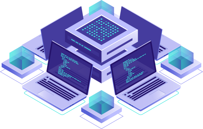 Isometric illustration of four laptops connected to a central server.