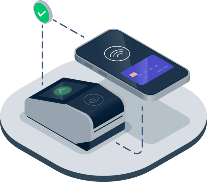 An isometric illustration of a contactless payment between a phone and POS equipment.