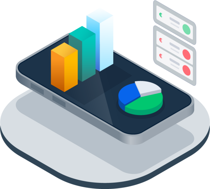 Isometric illustration of a mobile phone showcasing analytical features such as data reports and tranction logs.