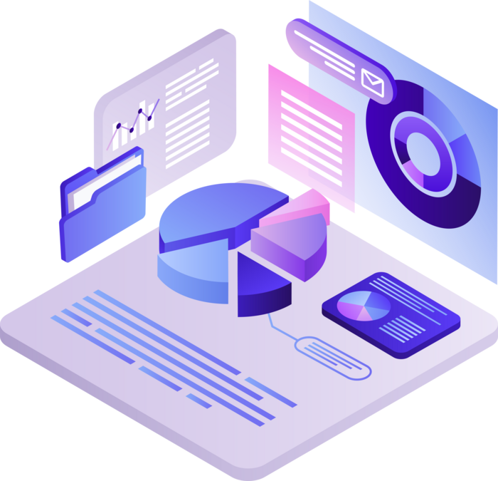 Isometric illustration of a software user interface displaying various chart reports.