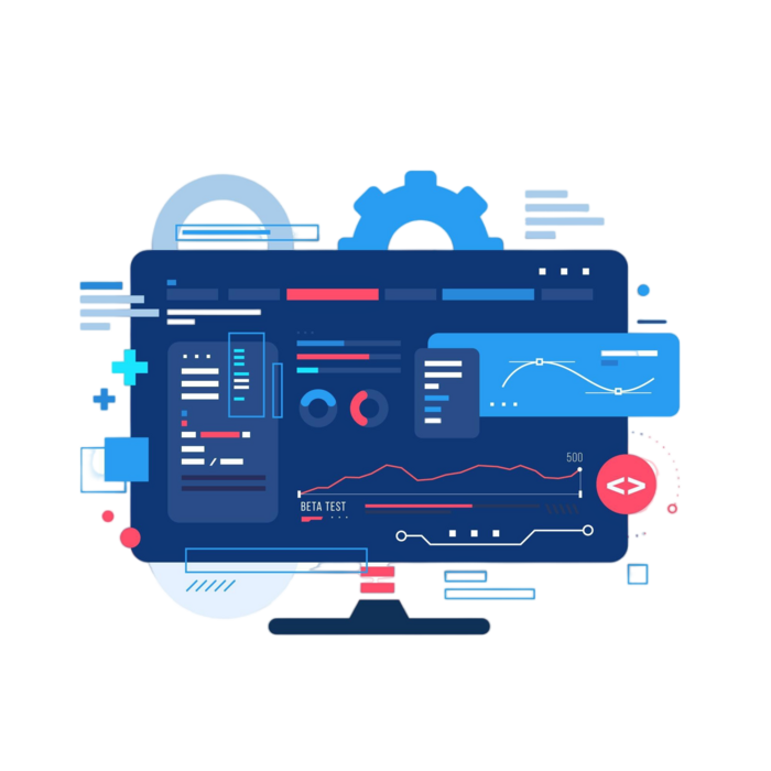 Stylized user interface showcasing a variety of charts, graphs, and analytics, set against a background of gears, cogs, and abstract shapes.